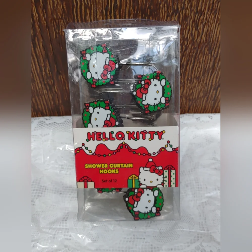 Hello Kitty Sanrio Christmas Shower Curtain Hooks Holiday Wreath NEW
